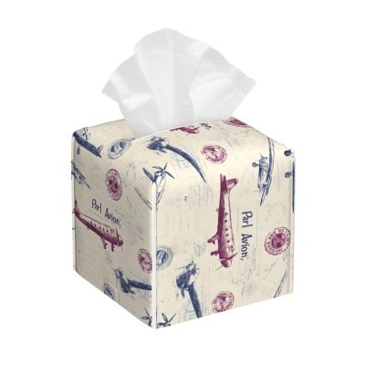 Retro Airplane Print Tissue Box Cover Square, Foldable Modern Leather Cube Tissue Box Holder, Home Decor Accessories for Bathroom, Nightstand, Office Desk, Car, Tabletop