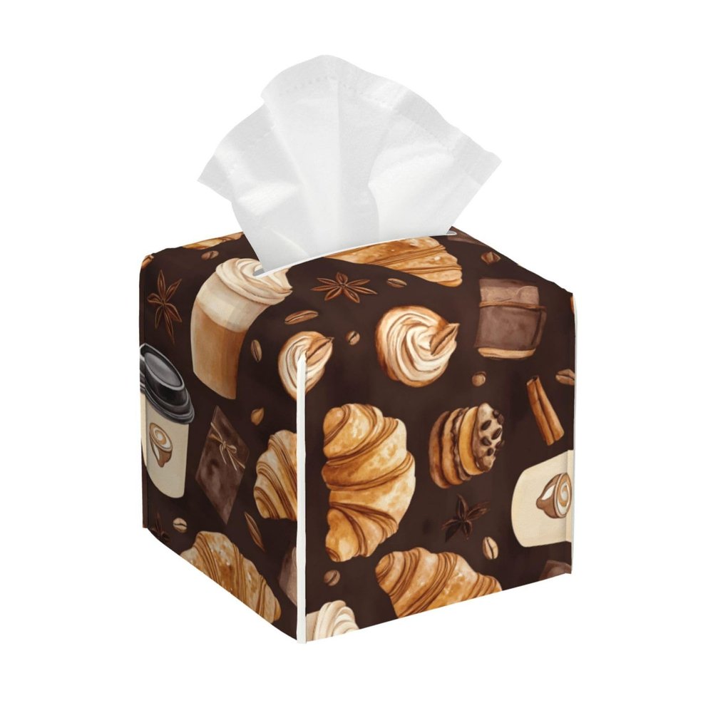 Coffee Bread 1 Print Tissue Box Cover Square, Foldable Modern Leather Cube Tissue Box Holder, Home Decor Accessories for Bathroom, Nightstand, Office Desk, Car, Tabletop