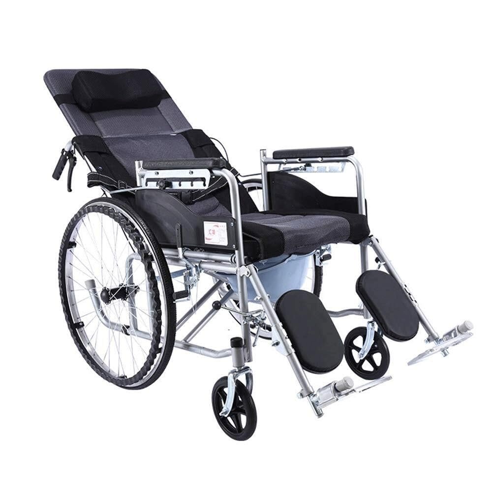 Lightweight Folding Wheelchair - 6-Position Reclining, Dual Hand Brake & Lifting Leg - Portable High Carbon Steel Construction - Easy Storage