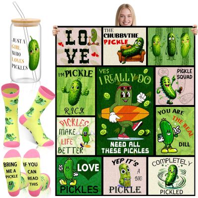 Remagr 3 Pcs Christmas Funny Pickle Lover Gifts for Women Include 60'' x 50'' Just a Girl Who Loves Pickles Throw Blanket Glass Cup with Lid Straw Socks Accessories for Xmas Birthday Teacher Mother