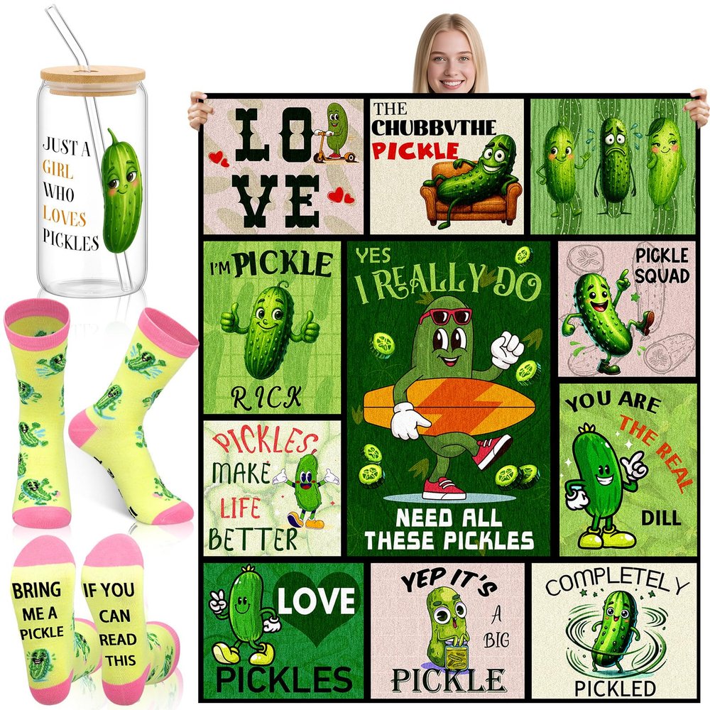 Remagr 3 Pcs Christmas Funny Pickle Lover Gifts for Women Include 60'' x 50'' Just a Girl Who Loves Pickles Throw Blanket Glass Cup with Lid Straw Socks Accessories for Xmas Birthday Teacher Mother