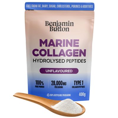 Benjamin Button Pure Marine Collagen Powder - Hydrolysed Peptides (Type I) from Wild-Caught Fish - Unflavoured, 400g - Hair, Skin, Nail, Joint & Bone Support - Halal, Keto & Paleo Friendly