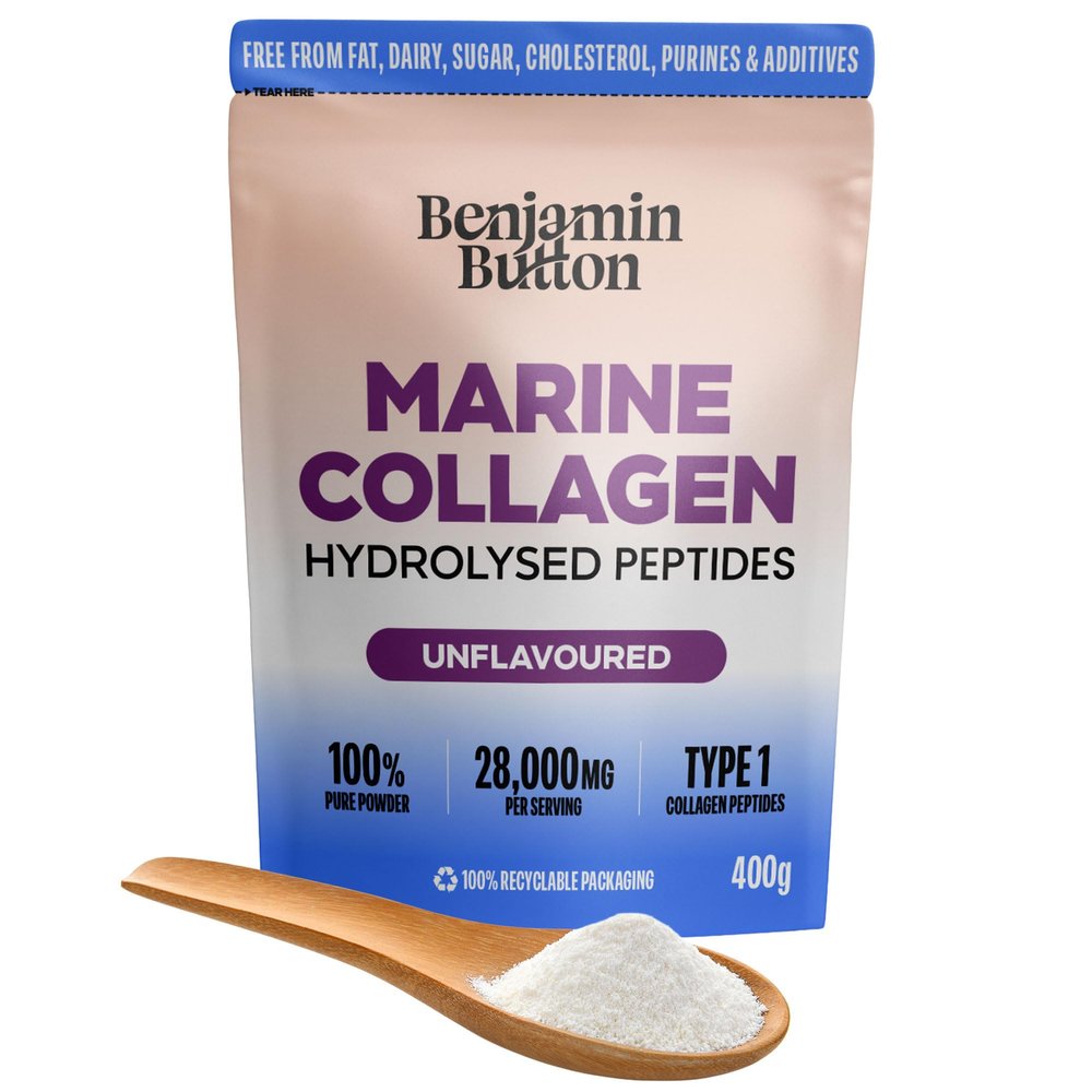 Benjamin Button Pure Marine Collagen Powder - Hydrolysed Peptides (Type I) from Wild-Caught Fish - Unflavoured, 400g - Hair, Skin, Nail, Joint & Bone Support - Halal, Keto & Paleo Friendly