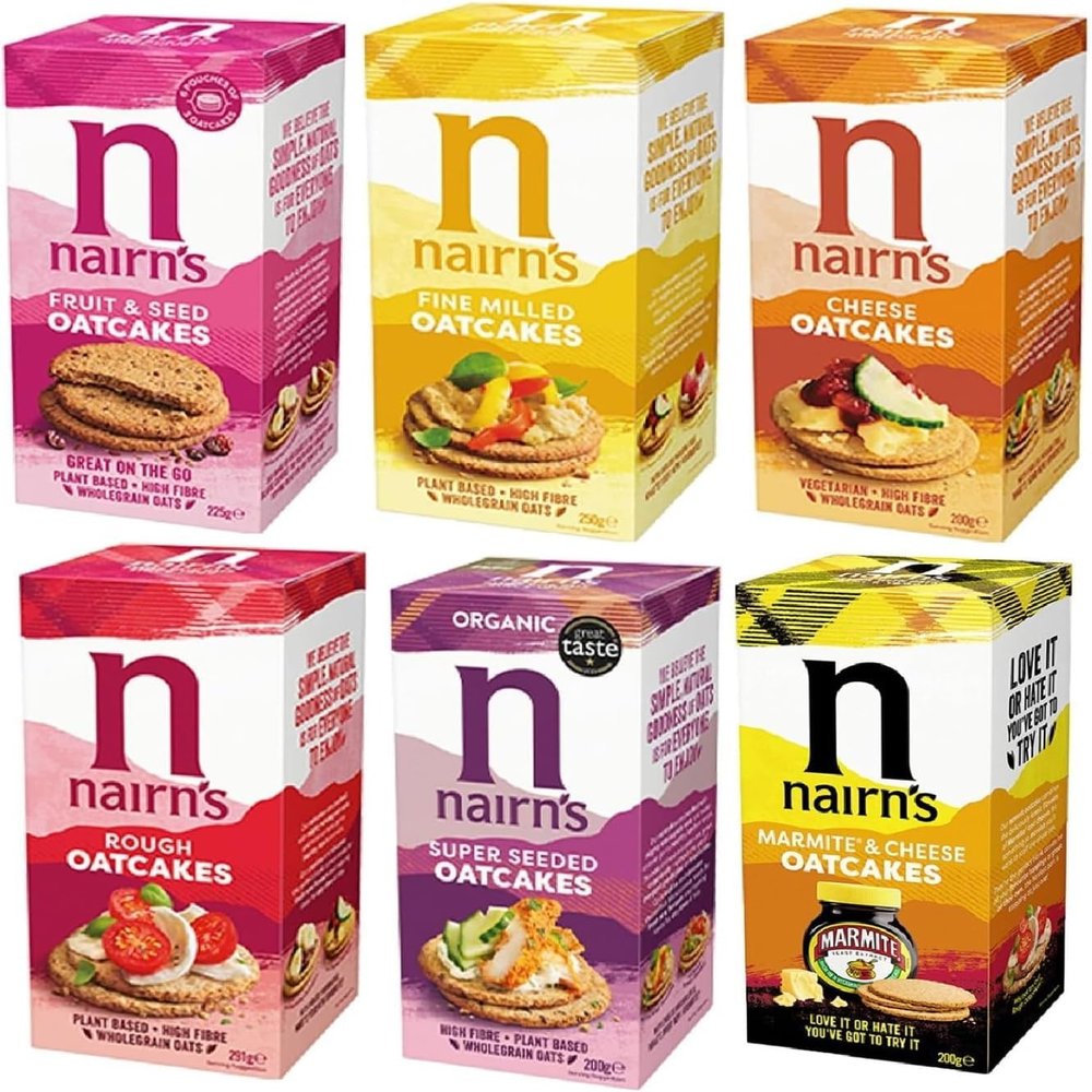 Nairn's Oatcakes Variety Pack - Cheese/Fruit & Seed/Fine Milled/Super Seeded/Rough/Marmite and Cheese - Pack of 6