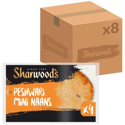 Sharwood's Peshwari Mini Naans Sweet & Nutty Indian Flatbreads With Sultanas & Coconut, Vegetarian Friendly Flame-Baked Naan, 4 Per Pack (Pack of 8, Total 32 Naans)