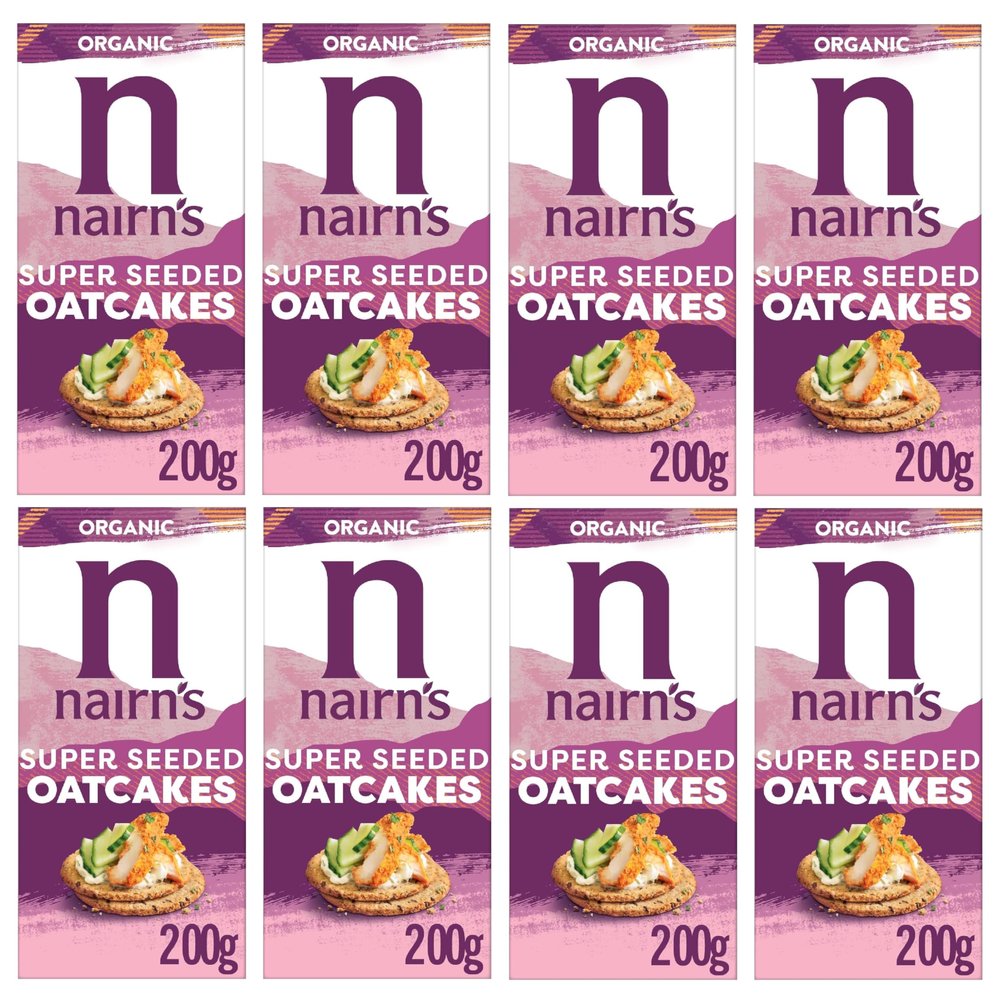 Nairn's Super Seeded Oatcakes - Flaxseed, Chia Seed and Sunflower Seeds - Healthy Snacks - Source of Protein - Made with Wholegrain Oats - High in Fibre 200g (Pack of 8)