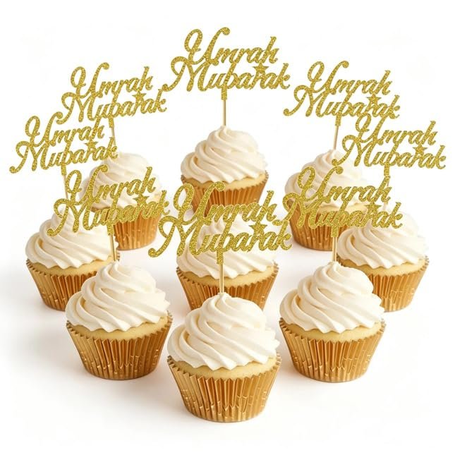 10 Umrah Mubarak Cupcake Toppers, Gold Topper, Cake Toppers, Sparkling Glitter Charms, Decorations. (Gold)
