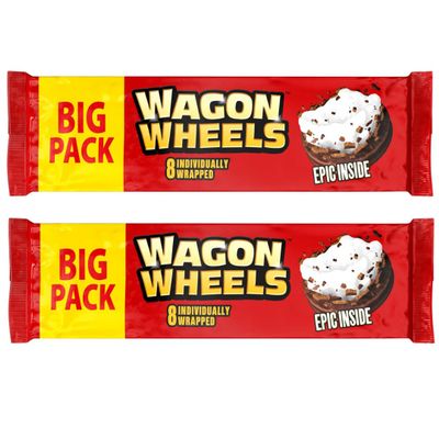 Twin Pack of Wagon Wheels 2 x 8 Individually Wrapped Biscuits Classic Chocolate Coated Mallow