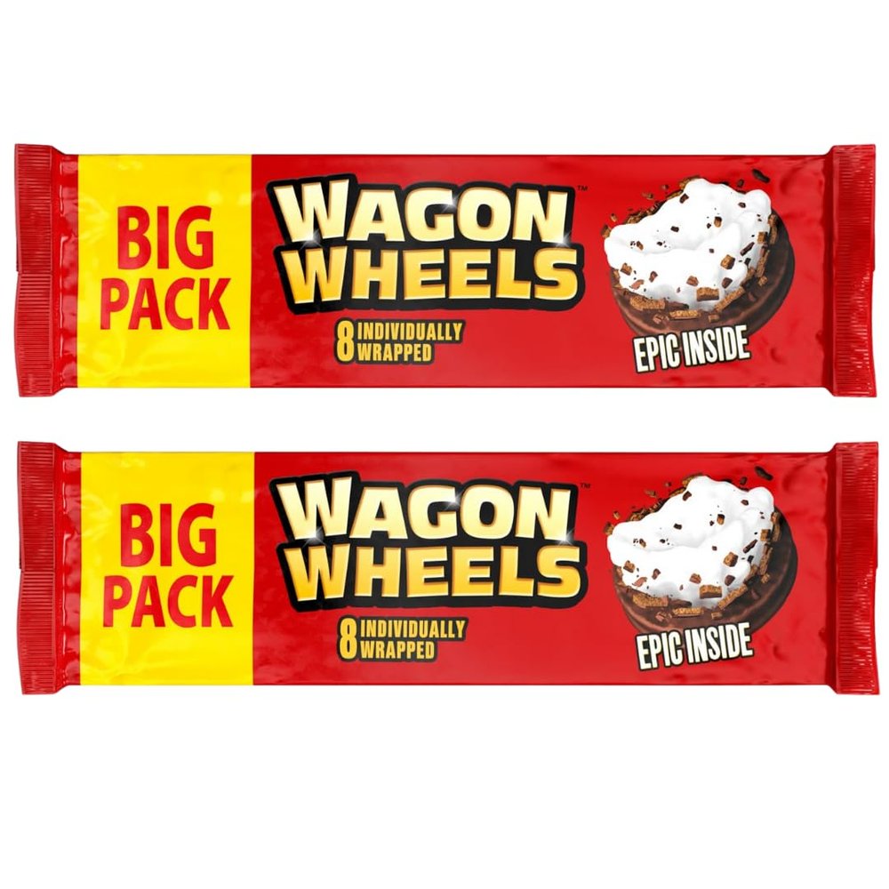 Twin Pack of Wagon Wheels 2 x 8 Individually Wrapped Biscuits Classic Chocolate Coated Mallow