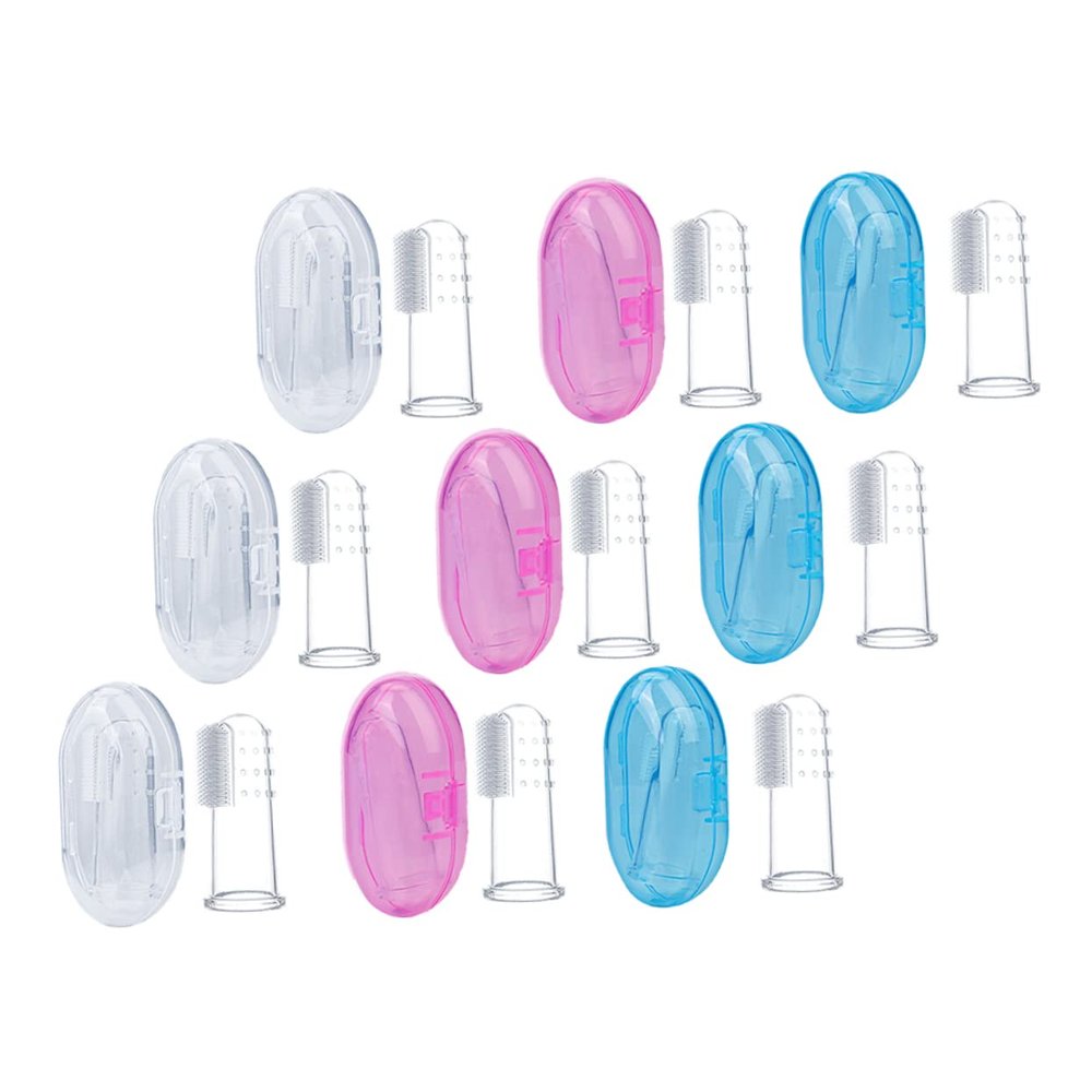 KOCKSHION 9pcs Silicone Baby Finger Toothbrush Set Storage Boxes, Soft Newborn Teeth Cleaner and Oral Massager for 0-3 Years Old Infants, Teething Brush in, Blue, and Pink