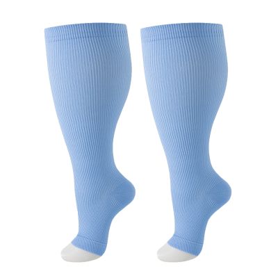 2/3/4/6 Pairs 2XL-7XL Plus Size Compression Socks 20-30 mmHg Wide Calf Open Toe Compression Support Stocking (Sky Blue, 2XL)