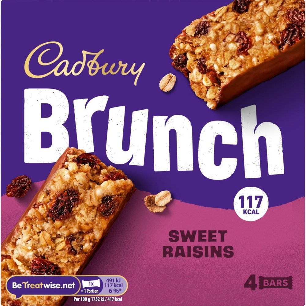 Cadbury Brunch Sweet Raisins Cereal Bars, Oats, Crispies & Bran Flakes dipped in Smooth Milk Chocolate for Snacking, Multipack, 4 x 28 g