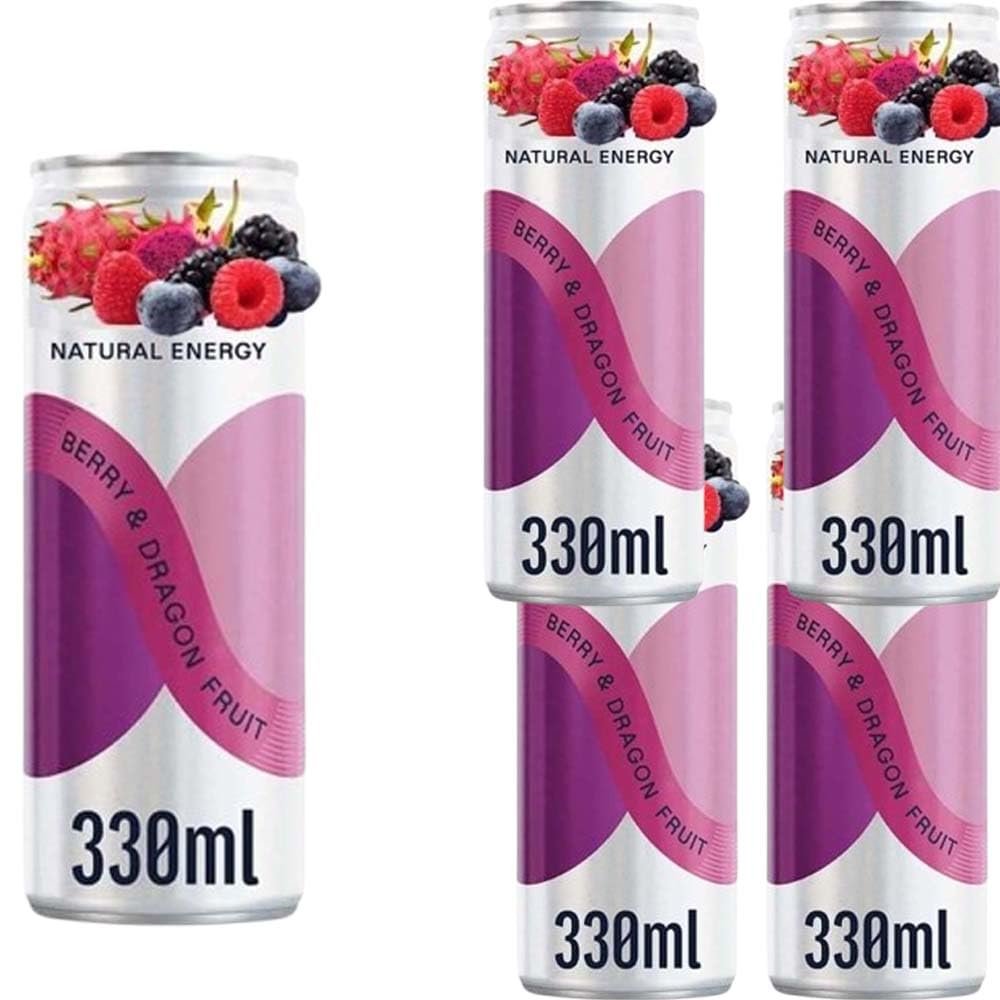Natural Energy Berry & Dragon Fruit Sparkling Energy Drink 330ml Can Blackberry & Dragon Flavour With Fruit Juice, Vitamins & Sweetener Refreshing Low-Sugar Energy Boost Prd (8 x Bottles)