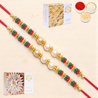 Ghasitaram Gifts Rakhi for Brother Rakhis Online - Set of 2 - Y-36 Pearl Rakhi with 200 GMS of Kaju katli and 200 GMS of Soan Papdi