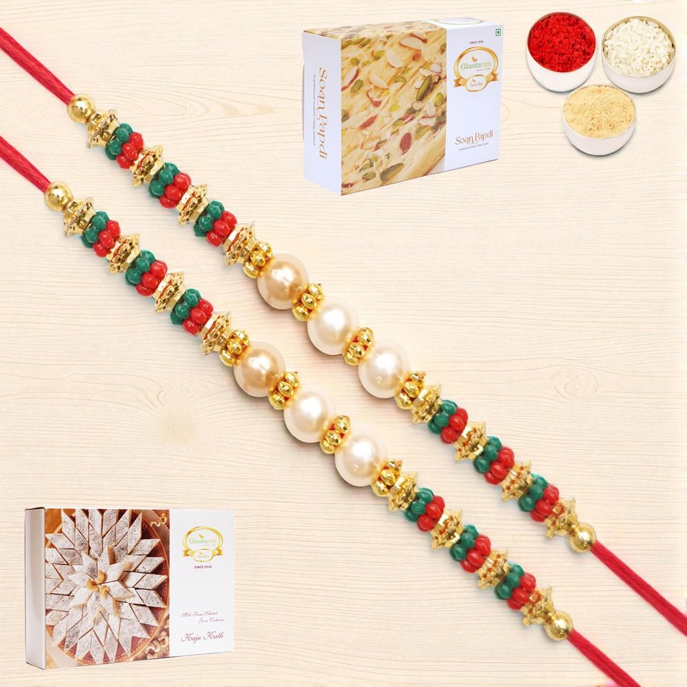 Ghasitaram Gifts Rakhi for Brother Rakhis Online - Set of 2 - Y-36 Pearl Rakhi with 200 GMS of Kaju katli and 200 GMS of Soan Papdi