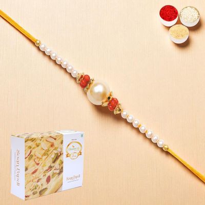 Ghasitaram Gifts Rakhi for Brother Rakhis Online - Y-34 Pearl Rakhi with 400 GMS of Soan Papdi