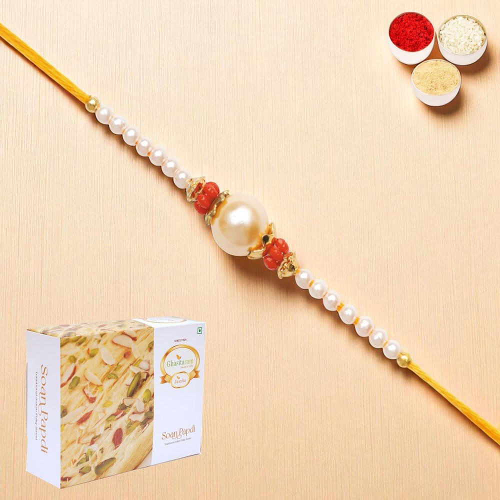 Ghasitaram Gifts Rakhi for Brother Rakhis Online - Y-34 Pearl Rakhi with 400 GMS of Soan Papdi