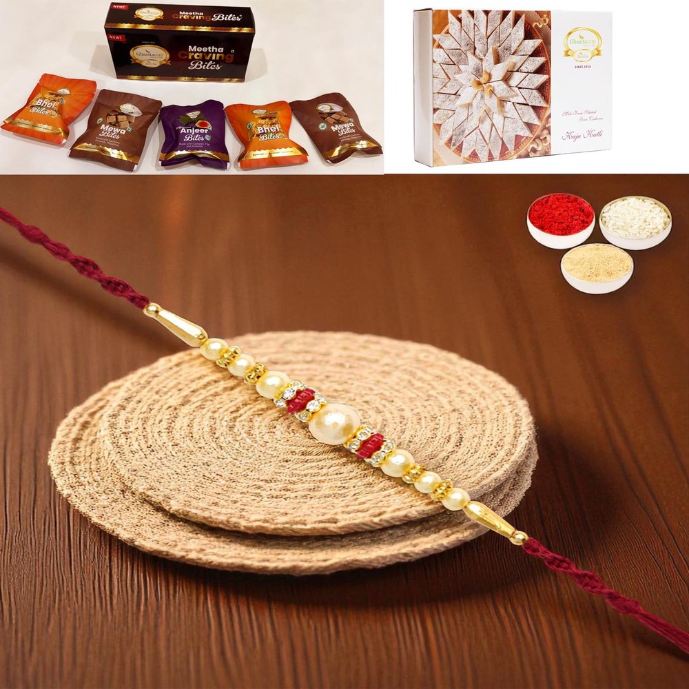 Ghasitaram Gifts Rakhi for Brother Rakhis Online - Y-83 Pearl Rakhi with Asorted Bites Box and 200 GMS of Kaju katli