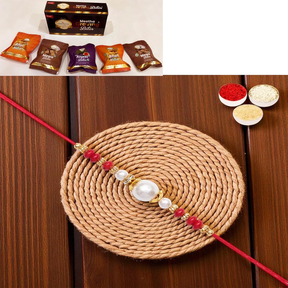 Ghasitaram Gifts Rakhi for Brother Rakhis Online - Y-44 Red Pearl Rakhi with Asorted Bites Box