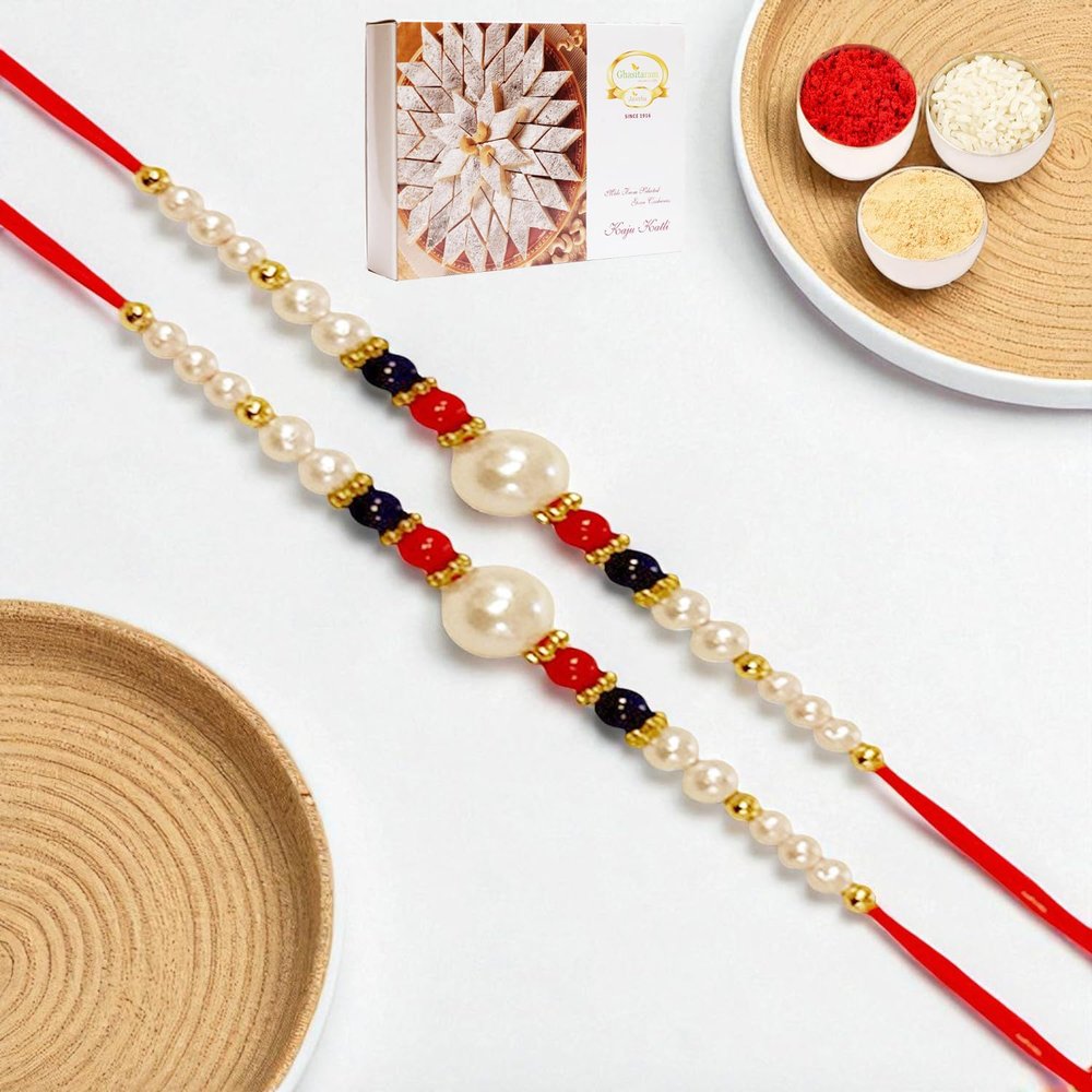 Ghasitaram Gifts Rakhi for Brother Rakhis Online - Set of 2 - ABC-22 Pearl Beads Rakhi with 200 GMS of Kaju katli
