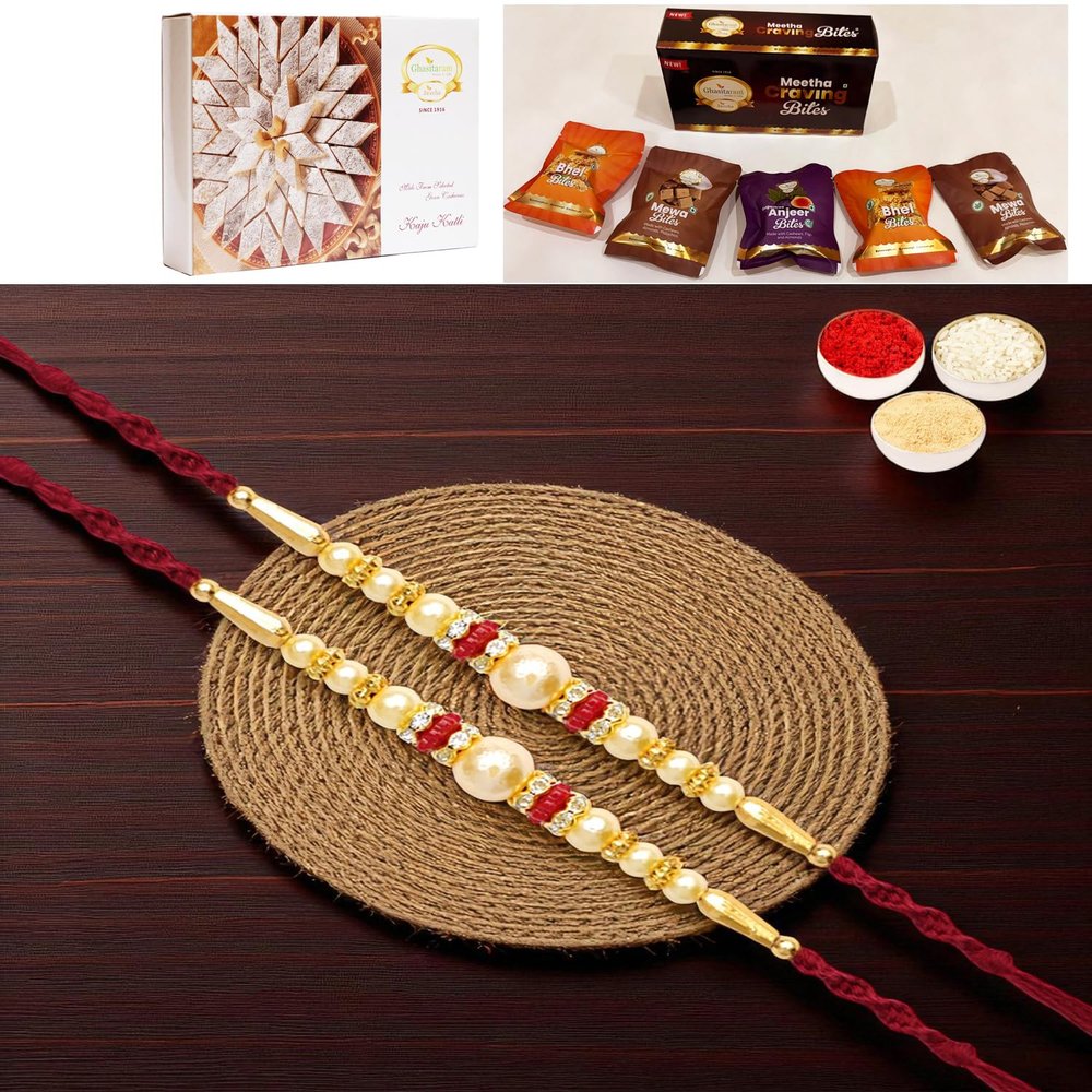 Ghasitaram Gifts Rakhi for Brother Rakhis Online - Set of 2 - Y-83 Pearl Rakhi with Asorted Bites Box and 200 GMS of Kaju katli