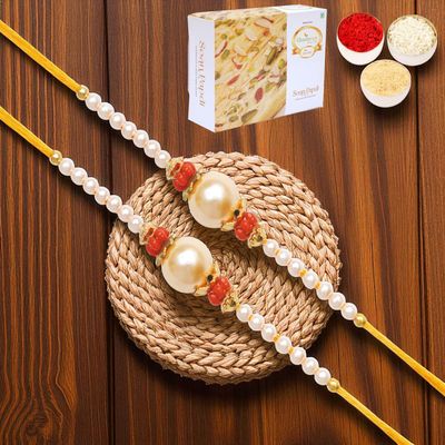 Ghasitaram Gifts Rakhi for Brother Rakhis Online - Set of 2 - Y-34 Pearl Rakhi with 400 GMS of Soan Papdi