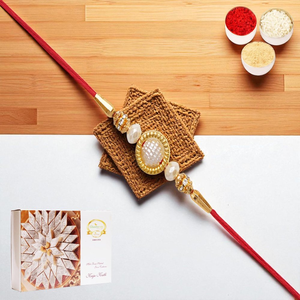 Ghasitaram Gifts Rakhi for Brother Rakhis Online - Y-84 Pearl Rakhi with 400 GMS of Kaju katli