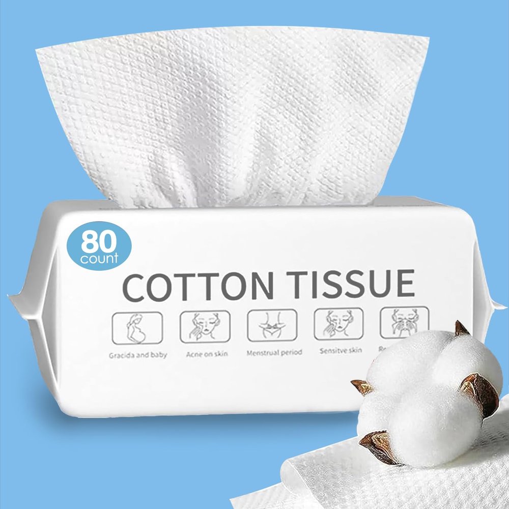 80 Count Disposable Face Towels, Cotton Tissue, Biodegradable Facial Cleansing Towels, washcloth for Sensitive Skin, Makeup Remover Dry Wipes, Lint-Free Towelettes for Cleansing 20 * 20cm