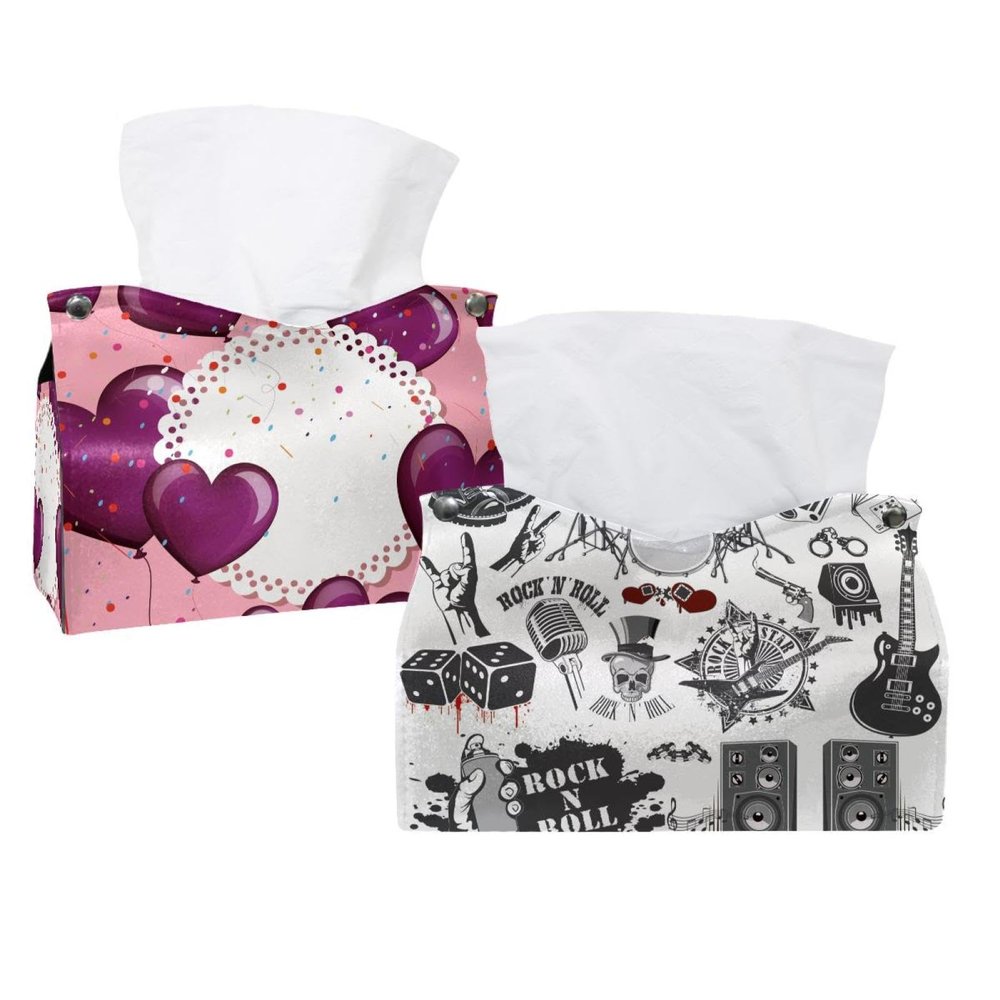 lcndlsoe 2 Pack Tissue Box Cover Holder, Rock Musical Instrument Drum Rectangle Leather Tissue Case, Decorative Organizer for Tabletop, Bathroom, Car, Office