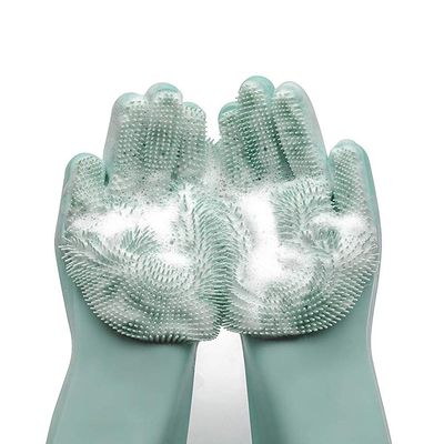 ChengChengJin 1 Pair Silicone Dishwashing Gloves-Reusable Scrubber Cleaning Gloves- for Housework, Bathroom, Kitchen, Car, Pets-Green