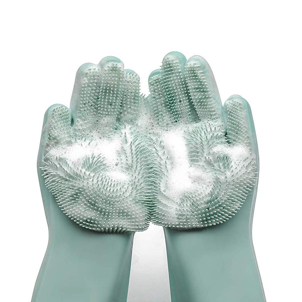 ChengChengJin 1 Pair Silicone Dishwashing Gloves-Reusable Scrubber Cleaning Gloves- for Housework, Bathroom, Kitchen, Car, Pets-Green