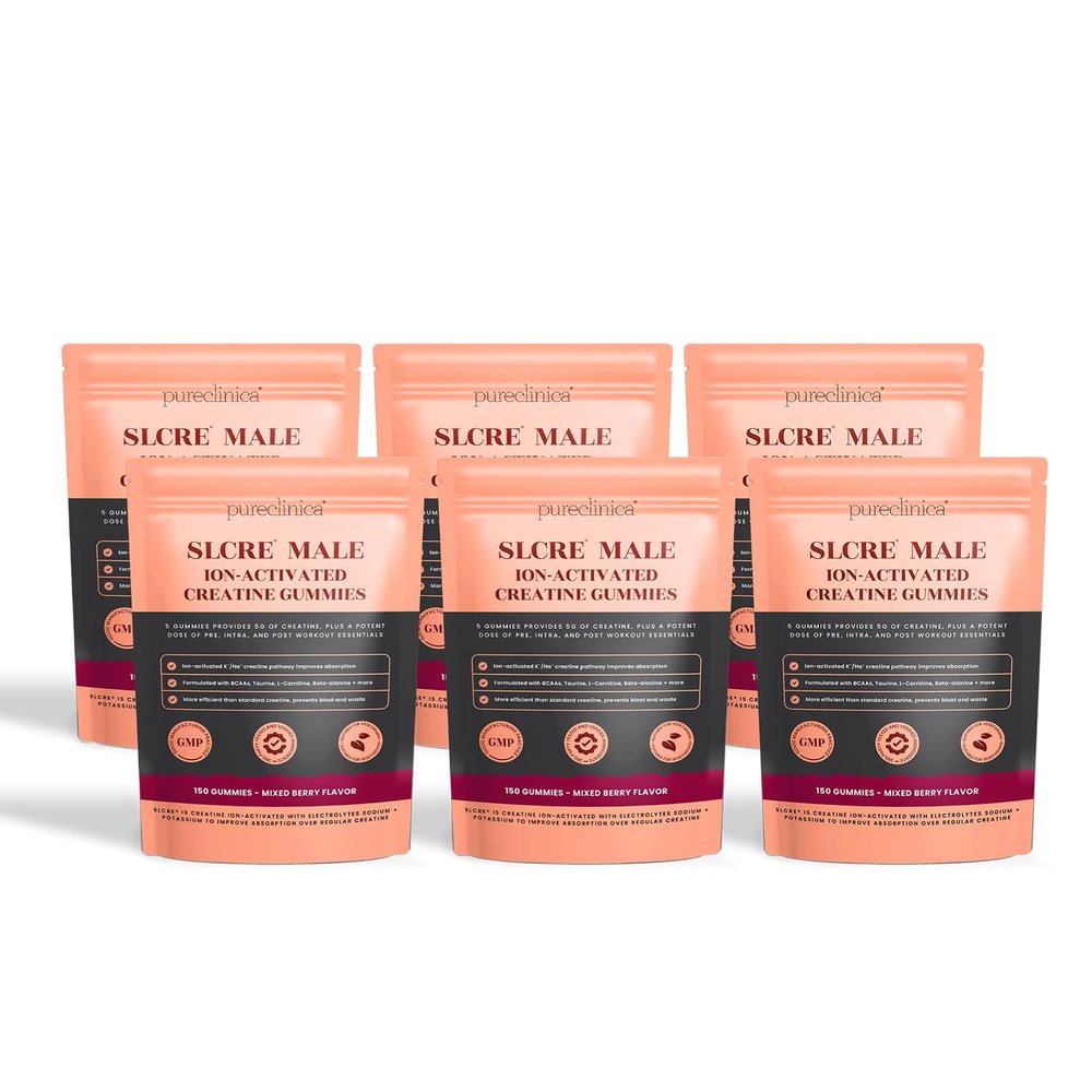 SLCre Creatine Gummies for Men x 900 Gummies (6 Packs of 150) 5g Micronized Creatine Monohydrate per Serving with BCAAs, L-Carnitine, Himalayan Salt & Betaine Pre & Intra Workout Support