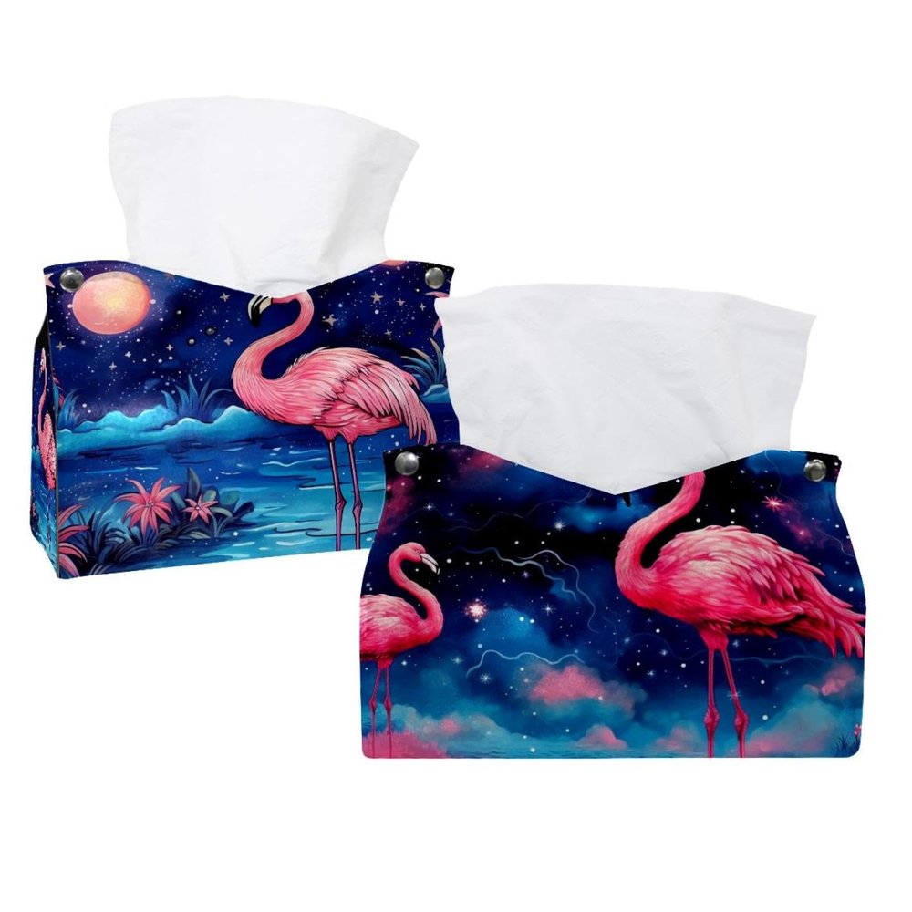 2 pack Starry Flamingos Tissue Box Cover, Decorative Tissue Box Dispenser for Bathroom, Parlors, Office, Bedroom Dresser, Vanity Countertop, Nightstand, Car, and Desk