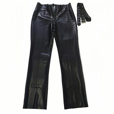Men's Black Latex Straight Leg Jeans, Rubber Trousers with Front and Back Pockets and Belt