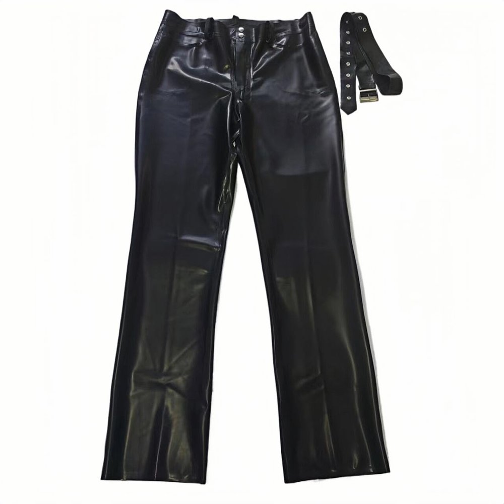Men's Black Latex Straight Leg Jeans, Rubber Trousers with Front and Back Pockets and Belt