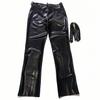 Men's Black Latex Straight Leg Jeans, Rubber Trousers with Front and Back Pockets and Belt view 3