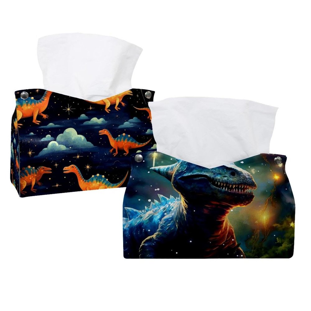 2 pack Starry Dinosaur Tissue Box Cover, Decorative Tissue Box Dispenser for Bathroom, Parlors, Office, Bedroom Dresser, Vanity Countertop, Nightstand, Car, and Desk