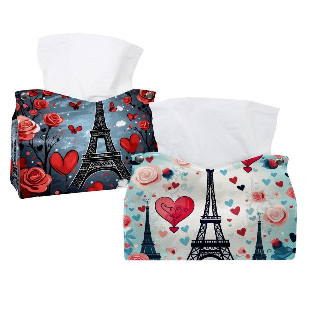 2 pack Eiffel Tower Valentine's Day Tissue Box Cover, Decorative Tissue Box Dispenser for Bathroom, Parlors, Office, Bedroom Dresser, Vanity Countertop, Nightstand, Car, and Desk