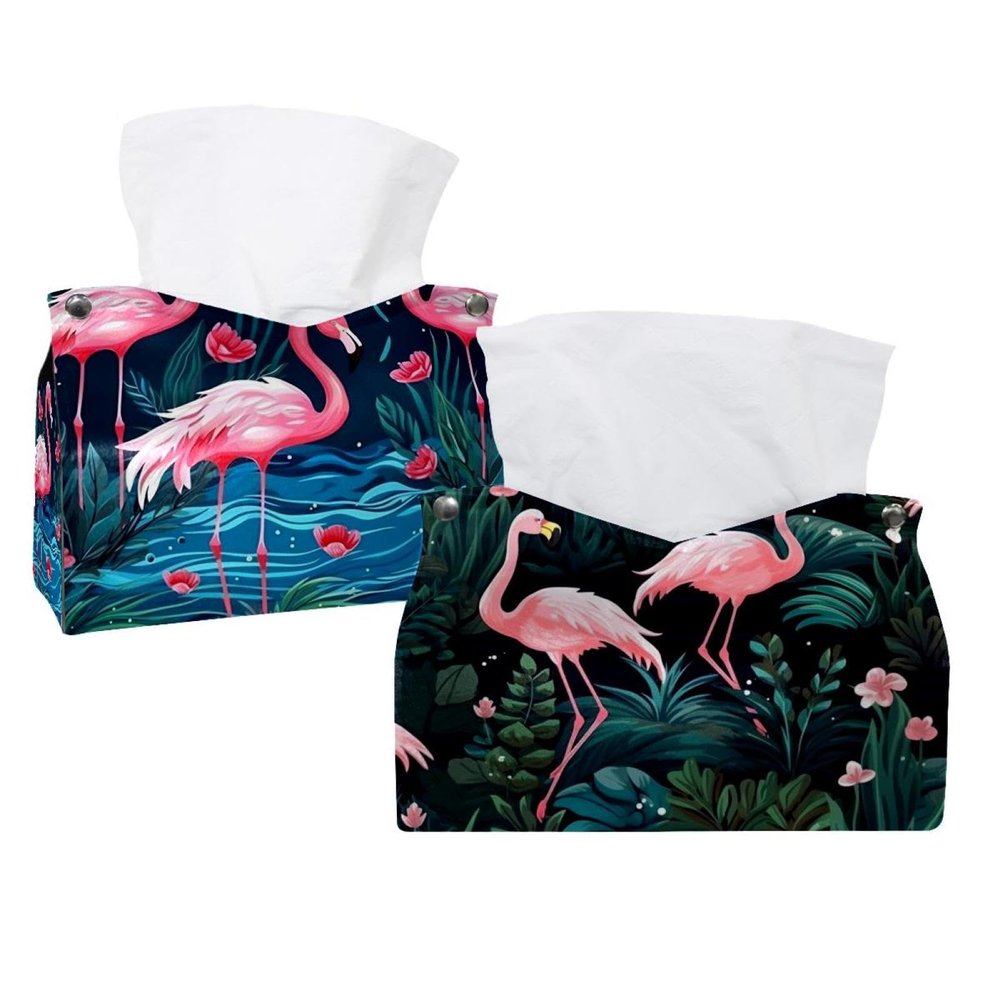 2 pack Flamingo Rainforest Tissue Box Cover, Decorative Tissue Box Dispenser for Bathroom, Parlors, Office, Bedroom Dresser, Vanity Countertop, Nightstand, Car, and Desk