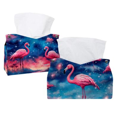 2 pack Starry Flamingos Tissue Box Cover, Decorative Tissue Box Dispenser for Bathroom, Parlors, Office, Bedroom Dresser, Vanity Countertop, Nightstand, Car, and Desk