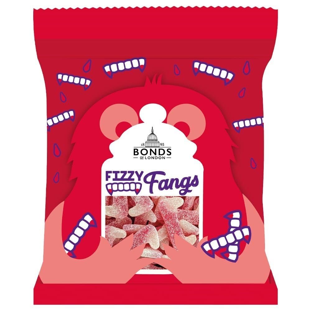 Bonds of London Dracula Teeth Fizzy Bags, Retro Strawberry Flavour Jelly Sweets, Vegetarian Friendly, 110 g (Pack of 12)