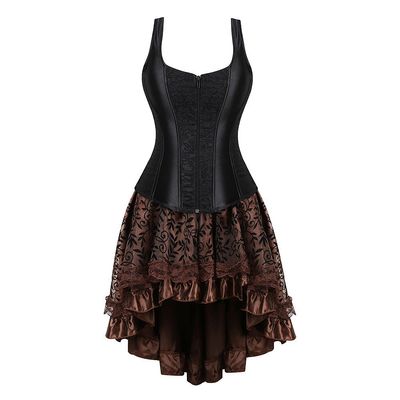 2 PCS Women Gothic Lace Corset Suits Ladies Renaissance Set Lace up Trim Overbust Steel Boned Bustiers with Elastic Waist Skirt Ruffle Skirts Medieval Vintage Costume Party Evening Outfits Plus Size