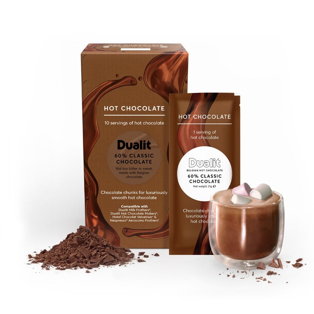 Dualit 60% Classic Chocolate Chunk Sachets - 10 Pack - 31g portions of pure chocolate chunks - Premium Belgian chocolate - Flakes for Hot Chocolate Makers & Milk Frothers