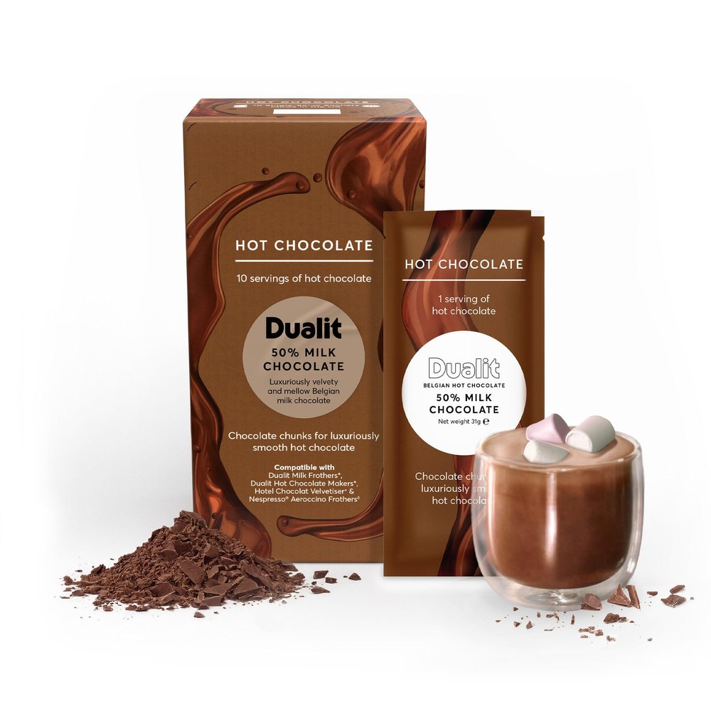 Dualit 50% Milk Chocolate Chunk Sachets - 10 Pack - 31g portions of pure chocolate chunks - Premium Belgian chocolate - Flakes for Hot Chocolate Makers & Milk Frothers