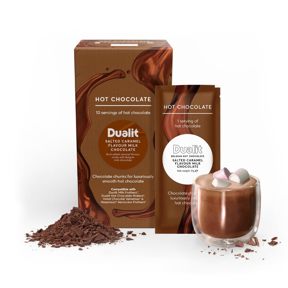 Dualit Salted Caramel Chocolate Chunk Sachets - 10 Pack - 31g portions of pure chocolate chunks - Premium Belgian choc - Flakes for Hot Chocolate Makers & Milk Frothers