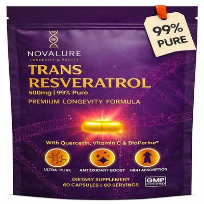 Novalure Resveratrol 500mg | 99% Pure | High Absorption with Quercetin, Vitamin C & BioPerine | Longevity Supplement | Antioxidant & Anti-Aging Support | Heart & Cellular Health | 60 Capsules