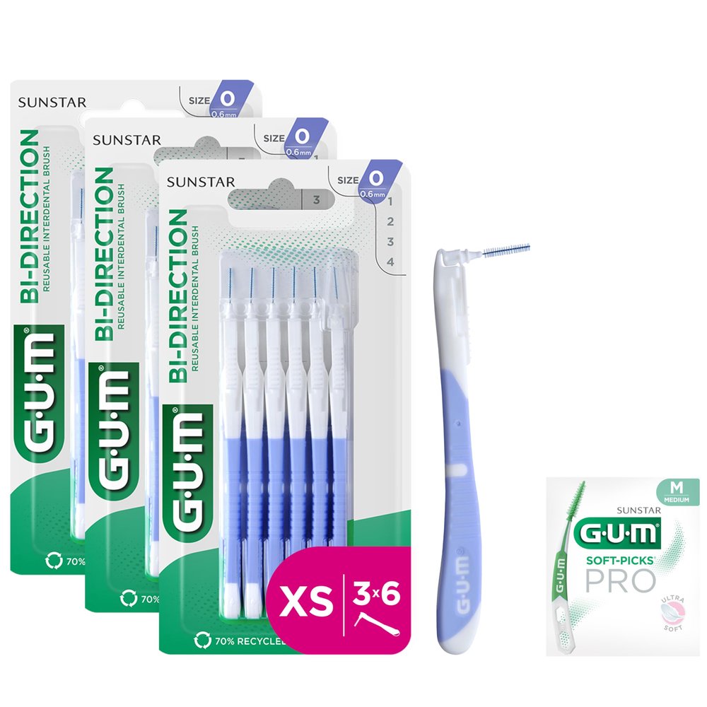 GUM BI-Direction Dual Position interdental Brushes | 90-Degree Positioning |Teeth Cleaning and Plaque Removal | 0.6mm, ISO 0 | Size XS| 3 x 6 Bundle (+1 Bonus Sample)