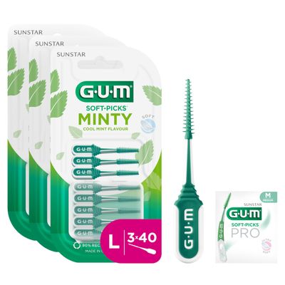 GUM Soft-Picks Minty Rubber Picks | Refreshing Mint Flavour | Teeth Cleaning and Plaque Removal | Size L | 3x40 Bundle (+1 Bonus Sample)