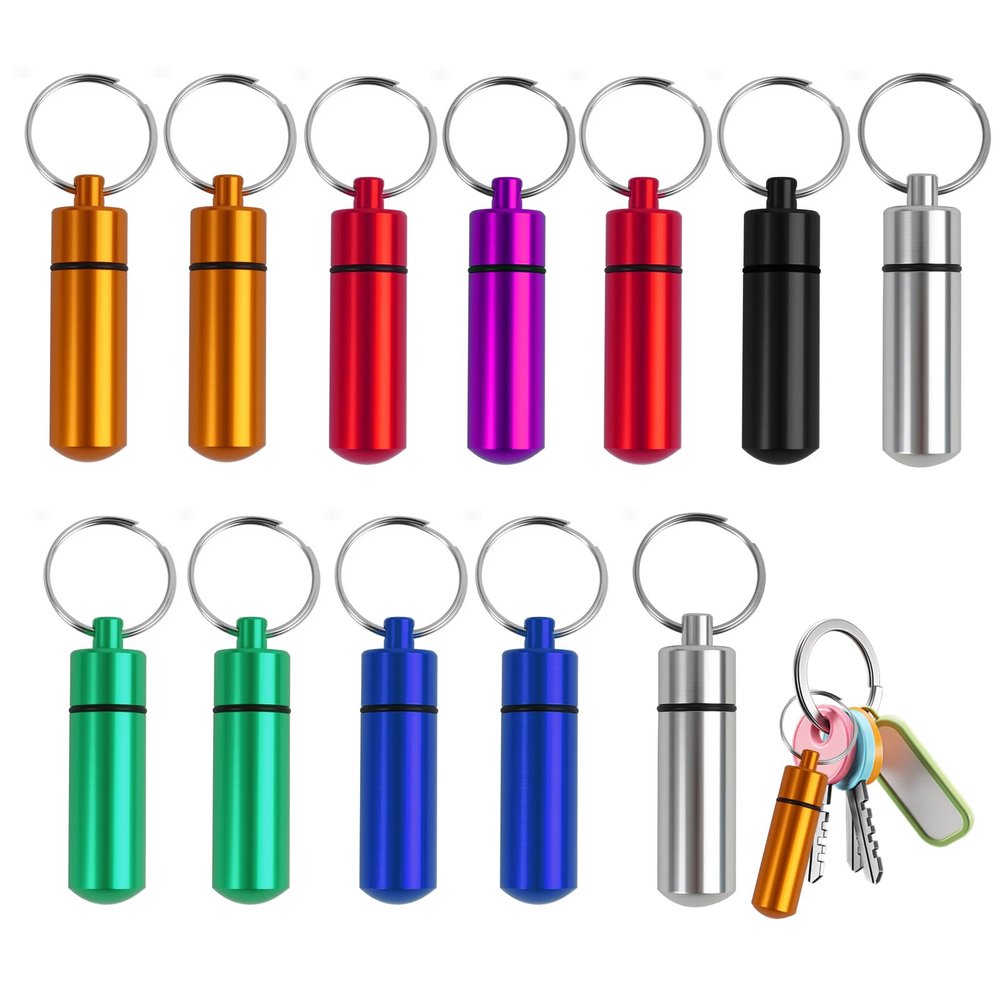 12 Pack Pill Box Keyring, Colorful Aluminum Alloy Pill Containers, Water-Resistant Keychain Emergency Cash Stash Holders for Outdoor Travel, Camping, 12pcs in 8 Colors