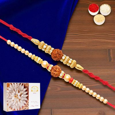 Ghasitaram Gifts Jaiccha Rakhi for Brother Rakhis Online - Set of 2 y3 and y81 rudraksh rakhis with 400 GMS of Kaju katli